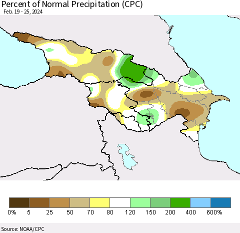 Azerbaijan, Armenia and Georgia Percent of Normal Precipitation (CPC) Thematic Map For 2/19/2024 - 2/25/2024