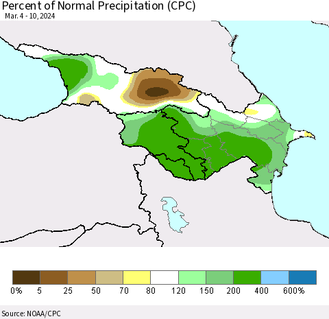 Azerbaijan, Armenia and Georgia Percent of Normal Precipitation (CPC) Thematic Map For 3/4/2024 - 3/10/2024