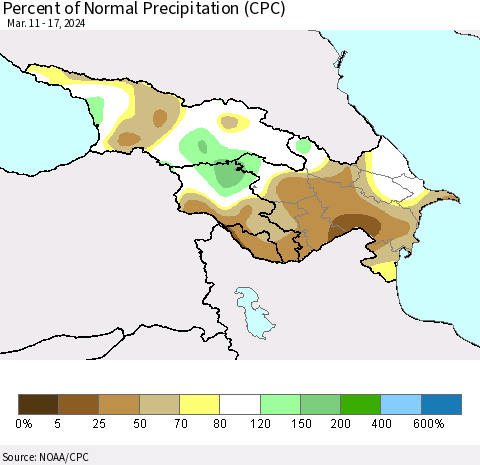 Azerbaijan, Armenia and Georgia Percent of Normal Precipitation (CPC) Thematic Map For 3/11/2024 - 3/17/2024