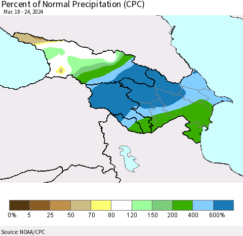 Azerbaijan, Armenia and Georgia Percent of Normal Precipitation (CPC) Thematic Map For 3/18/2024 - 3/24/2024
