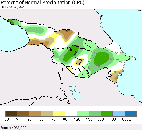 Azerbaijan, Armenia and Georgia Percent of Normal Precipitation (CPC) Thematic Map For 3/25/2024 - 3/31/2024