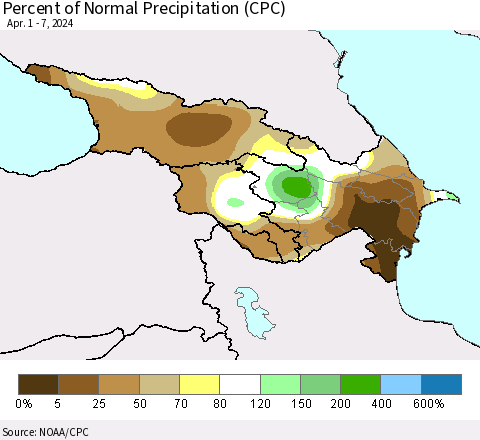 Azerbaijan, Armenia and Georgia Percent of Normal Precipitation (CPC) Thematic Map For 4/1/2024 - 4/7/2024