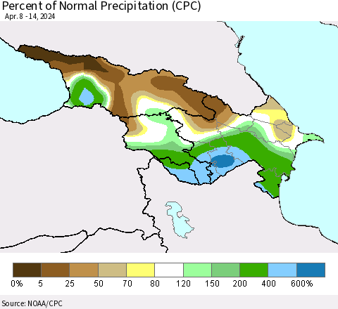 Azerbaijan, Armenia and Georgia Percent of Normal Precipitation (CPC) Thematic Map For 4/8/2024 - 4/14/2024
