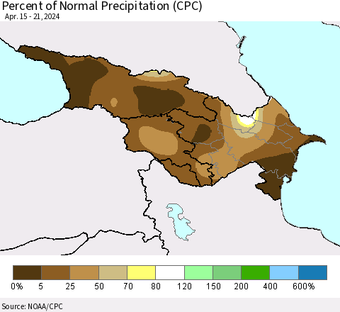 Azerbaijan, Armenia and Georgia Percent of Normal Precipitation (CPC) Thematic Map For 4/15/2024 - 4/21/2024