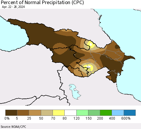 Azerbaijan, Armenia and Georgia Percent of Normal Precipitation (CPC) Thematic Map For 4/22/2024 - 4/28/2024