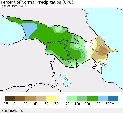 Azerbaijan, Armenia and Georgia Percent of Normal Precipitation (CPC) Thematic Map For 4/29/2024 - 5/5/2024