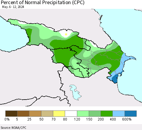 Azerbaijan, Armenia and Georgia Percent of Normal Precipitation (CPC) Thematic Map For 5/6/2024 - 5/12/2024
