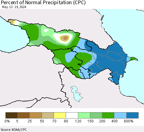Azerbaijan, Armenia and Georgia Percent of Normal Precipitation (CPC) Thematic Map For 5/13/2024 - 5/19/2024
