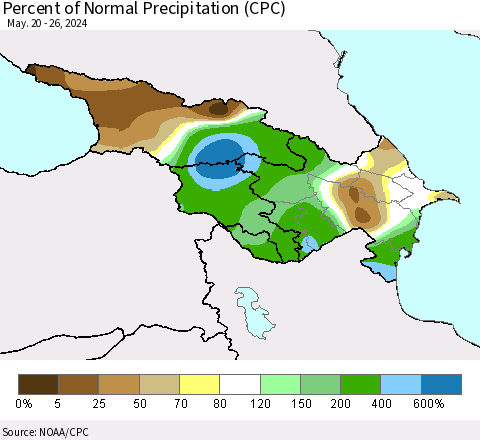 Azerbaijan, Armenia and Georgia Percent of Normal Precipitation (CPC) Thematic Map For 5/20/2024 - 5/26/2024