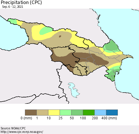 Azerbaijan, Armenia and Georgia Precipitation (CPC) Thematic Map For 9/6/2021 - 9/12/2021