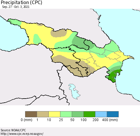 Azerbaijan, Armenia and Georgia Precipitation (CPC) Thematic Map For 9/27/2021 - 10/3/2021