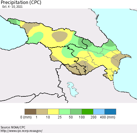 Azerbaijan, Armenia and Georgia Precipitation (CPC) Thematic Map For 10/4/2021 - 10/10/2021