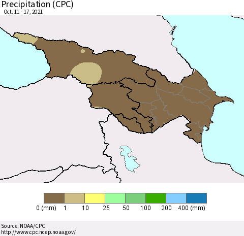 Azerbaijan, Armenia and Georgia Precipitation (CPC) Thematic Map For 10/11/2021 - 10/17/2021