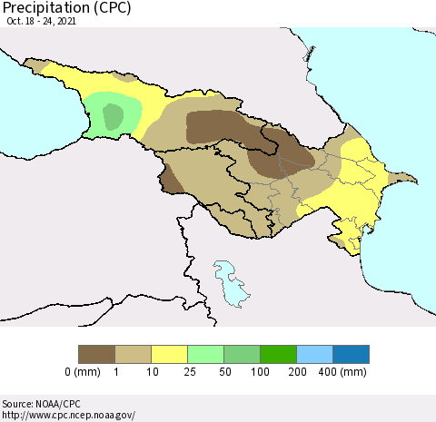Azerbaijan, Armenia and Georgia Precipitation (CPC) Thematic Map For 10/18/2021 - 10/24/2021