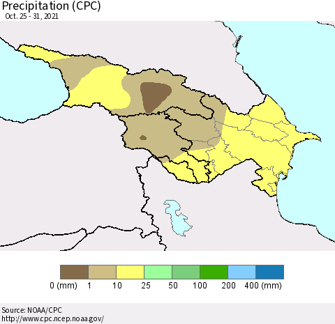 Azerbaijan, Armenia and Georgia Precipitation (CPC) Thematic Map For 10/25/2021 - 10/31/2021