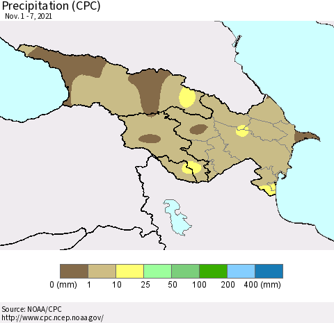 Azerbaijan, Armenia and Georgia Precipitation (CPC) Thematic Map For 11/1/2021 - 11/7/2021