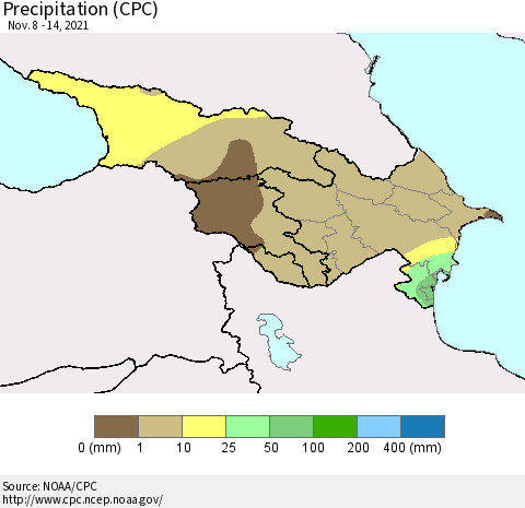 Azerbaijan, Armenia and Georgia Precipitation (CPC) Thematic Map For 11/8/2021 - 11/14/2021