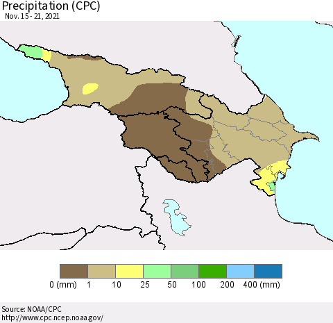 Azerbaijan, Armenia and Georgia Precipitation (CPC) Thematic Map For 11/15/2021 - 11/21/2021
