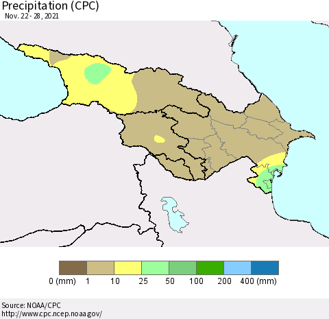 Azerbaijan, Armenia and Georgia Precipitation (CPC) Thematic Map For 11/22/2021 - 11/28/2021