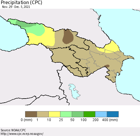 Azerbaijan, Armenia and Georgia Precipitation (CPC) Thematic Map For 11/29/2021 - 12/5/2021