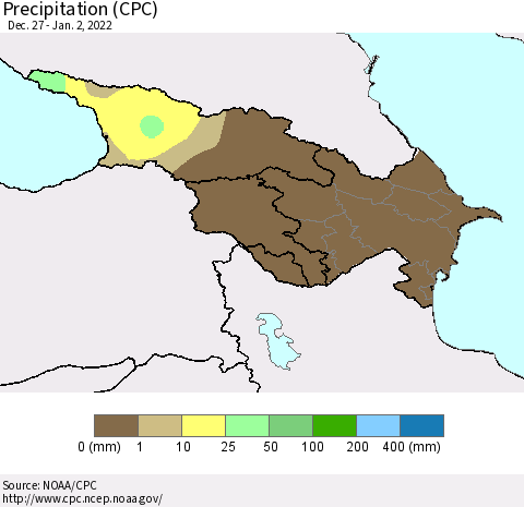 Azerbaijan, Armenia and Georgia Precipitation (CPC) Thematic Map For 12/27/2021 - 1/2/2022