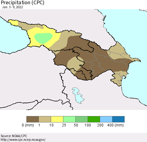 Azerbaijan, Armenia and Georgia Precipitation (CPC) Thematic Map For 1/3/2022 - 1/9/2022
