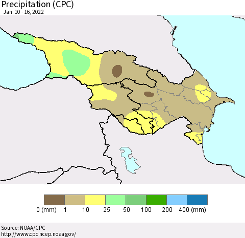 Azerbaijan, Armenia and Georgia Precipitation (CPC) Thematic Map For 1/10/2022 - 1/16/2022