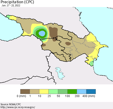 Azerbaijan, Armenia and Georgia Precipitation (CPC) Thematic Map For 1/17/2022 - 1/23/2022