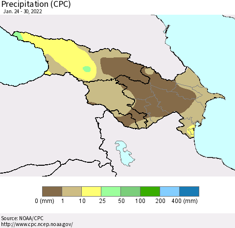 Azerbaijan, Armenia and Georgia Precipitation (CPC) Thematic Map For 1/24/2022 - 1/30/2022