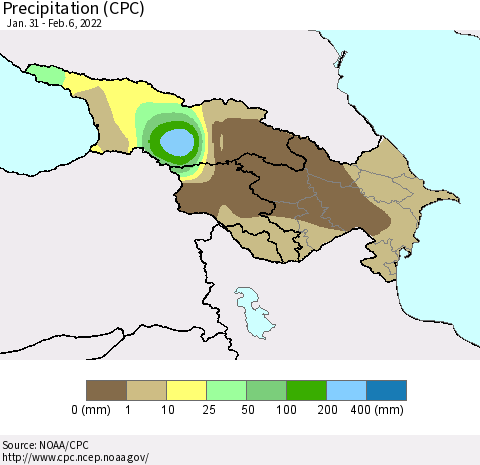 Azerbaijan, Armenia and Georgia Precipitation (CPC) Thematic Map For 1/31/2022 - 2/6/2022