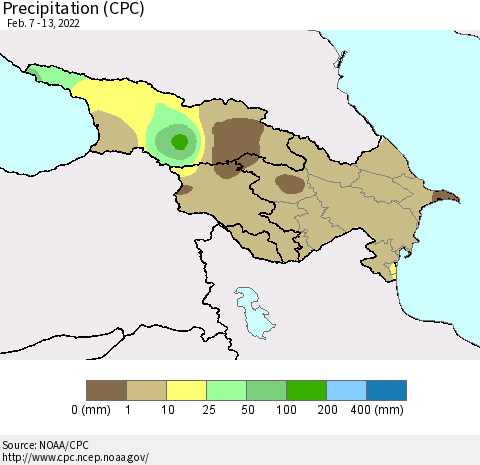 Azerbaijan, Armenia and Georgia Precipitation (CPC) Thematic Map For 2/7/2022 - 2/13/2022