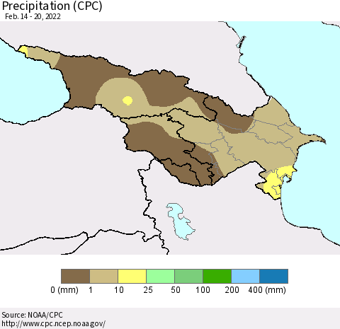 Azerbaijan, Armenia and Georgia Precipitation (CPC) Thematic Map For 2/14/2022 - 2/20/2022