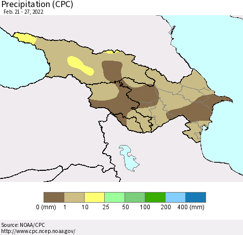 Azerbaijan, Armenia and Georgia Precipitation (CPC) Thematic Map For 2/21/2022 - 2/27/2022