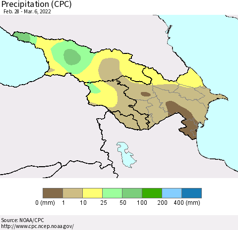 Azerbaijan, Armenia and Georgia Precipitation (CPC) Thematic Map For 2/28/2022 - 3/6/2022