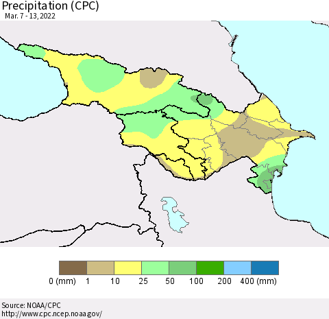 Azerbaijan, Armenia and Georgia Precipitation (CPC) Thematic Map For 3/7/2022 - 3/13/2022