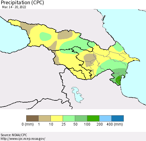 Azerbaijan, Armenia and Georgia Precipitation (CPC) Thematic Map For 3/14/2022 - 3/20/2022