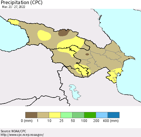 Azerbaijan, Armenia and Georgia Precipitation (CPC) Thematic Map For 3/21/2022 - 3/27/2022