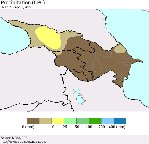 Azerbaijan, Armenia and Georgia Precipitation (CPC) Thematic Map For 3/28/2022 - 4/3/2022