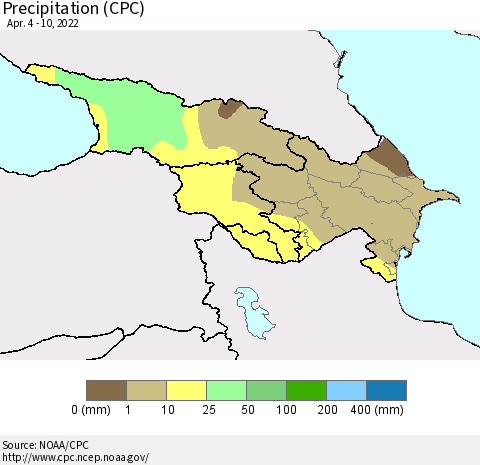 Azerbaijan, Armenia and Georgia Precipitation (CPC) Thematic Map For 4/4/2022 - 4/10/2022