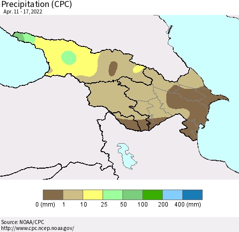 Azerbaijan, Armenia and Georgia Precipitation (CPC) Thematic Map For 4/11/2022 - 4/17/2022