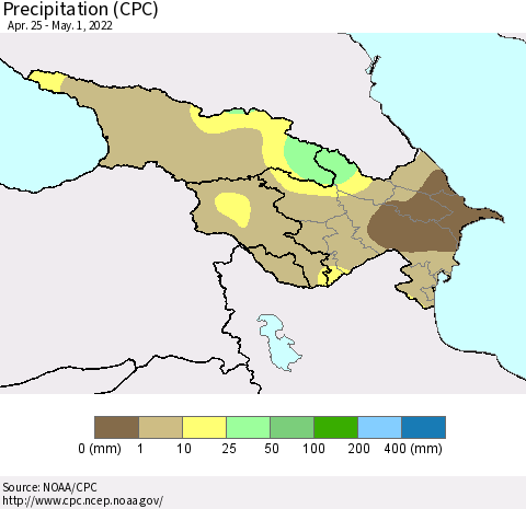 Azerbaijan, Armenia and Georgia Precipitation (CPC) Thematic Map For 4/25/2022 - 5/1/2022