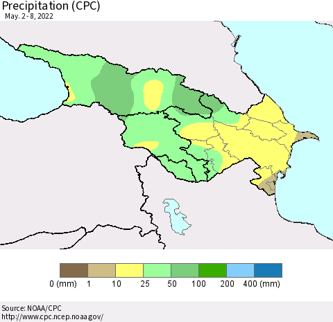 Azerbaijan, Armenia and Georgia Precipitation (CPC) Thematic Map For 5/2/2022 - 5/8/2022