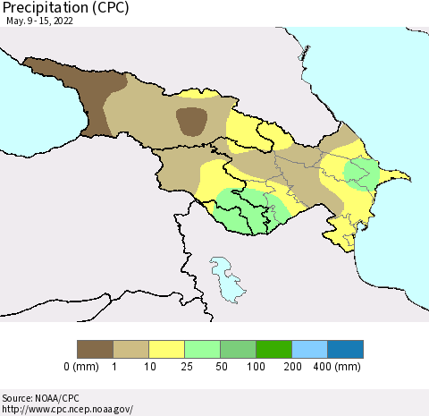 Azerbaijan, Armenia and Georgia Precipitation (CPC) Thematic Map For 5/9/2022 - 5/15/2022