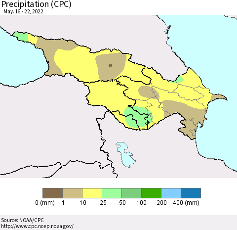 Azerbaijan, Armenia and Georgia Precipitation (CPC) Thematic Map For 5/16/2022 - 5/22/2022