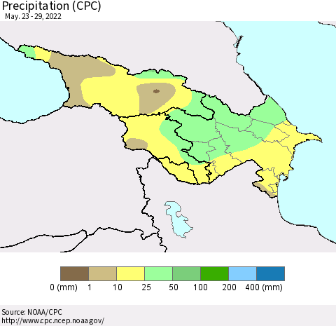 Azerbaijan, Armenia and Georgia Precipitation (CPC) Thematic Map For 5/23/2022 - 5/29/2022