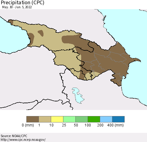 Azerbaijan, Armenia and Georgia Precipitation (CPC) Thematic Map For 5/30/2022 - 6/5/2022