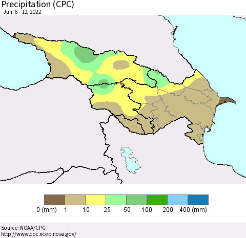 Azerbaijan, Armenia and Georgia Precipitation (CPC) Thematic Map For 6/6/2022 - 6/12/2022
