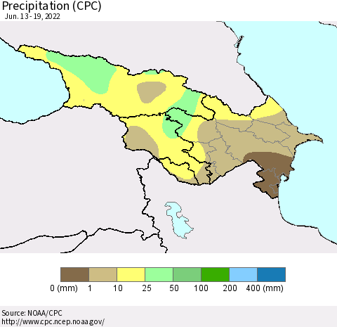 Azerbaijan, Armenia and Georgia Precipitation (CPC) Thematic Map For 6/13/2022 - 6/19/2022