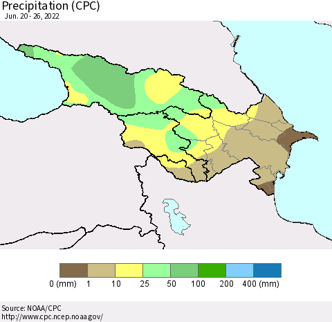 Azerbaijan, Armenia and Georgia Precipitation (CPC) Thematic Map For 6/20/2022 - 6/26/2022