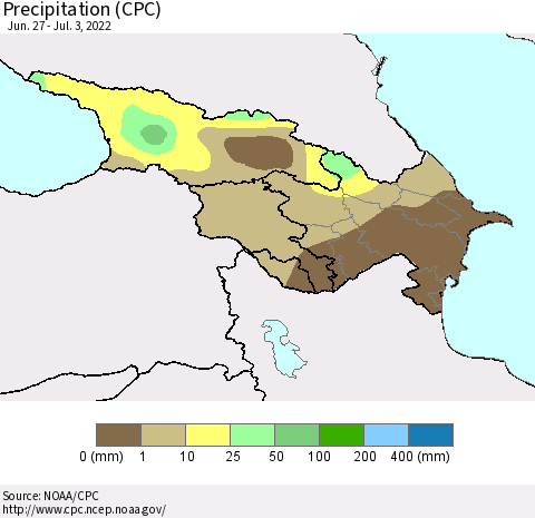 Azerbaijan, Armenia and Georgia Precipitation (CPC) Thematic Map For 6/27/2022 - 7/3/2022